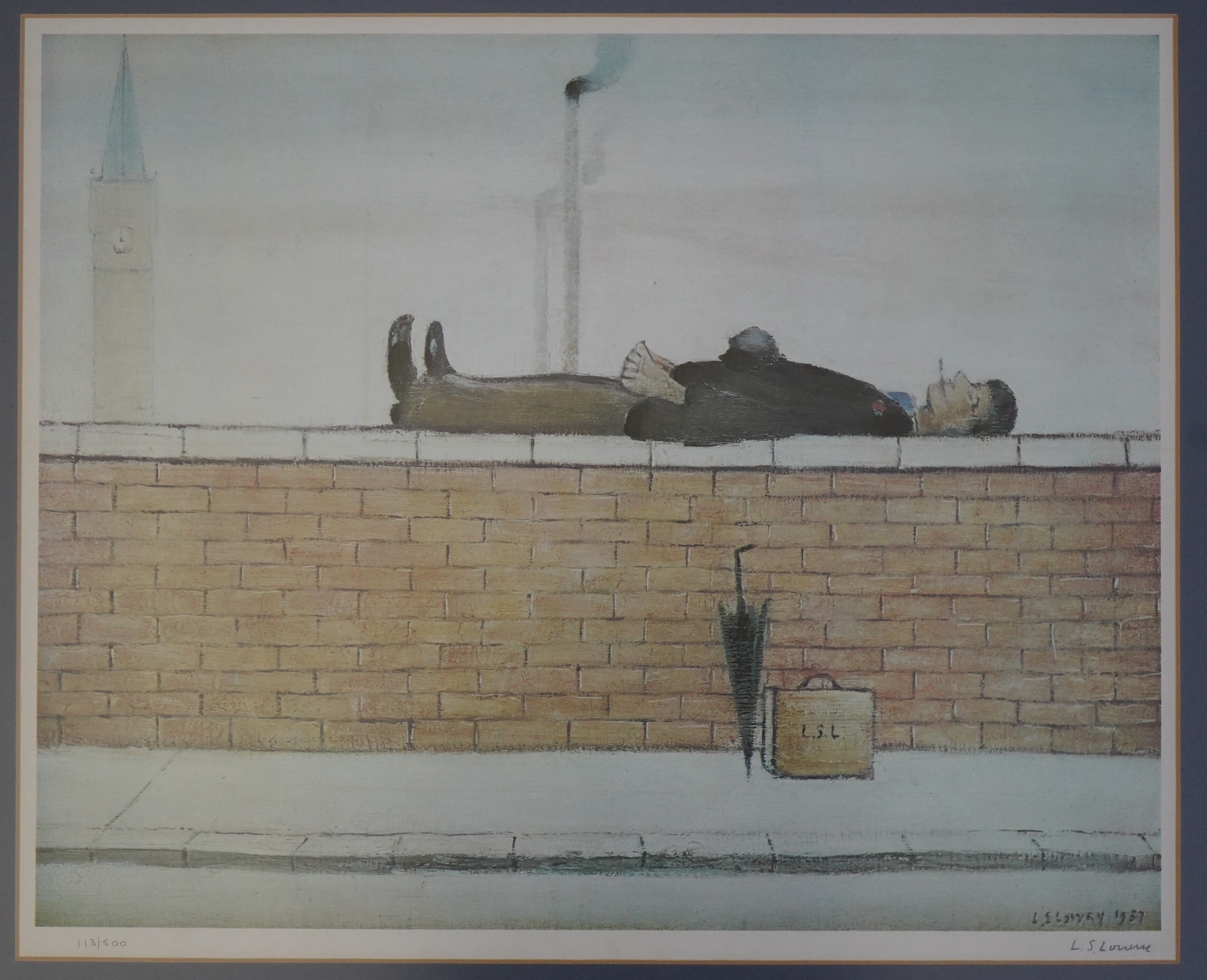 Laurence Stephen Lowry (1887-1976), ‘Man Lying on a Wall’, offset lithograph, 41 x 50.5cm